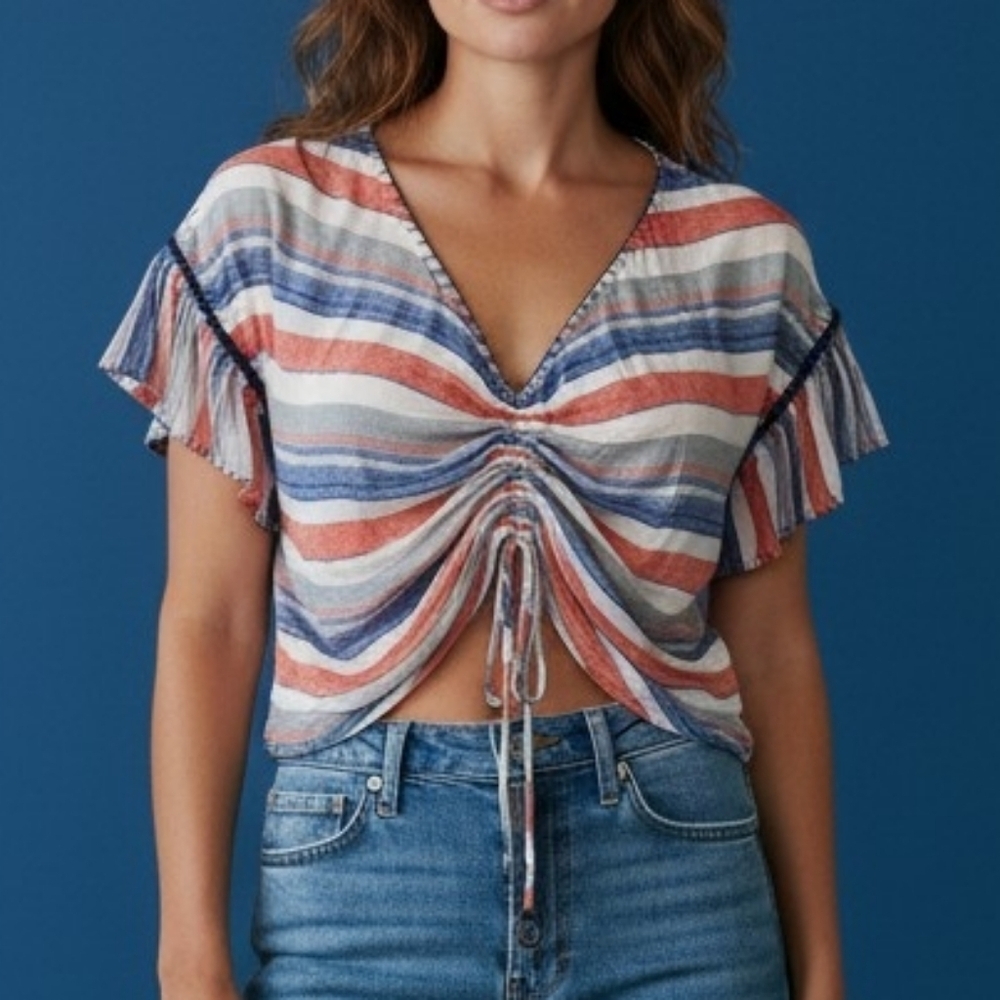 FOR THE REPUBLIC Striped V-Neck Ruched Cinched Crop Top